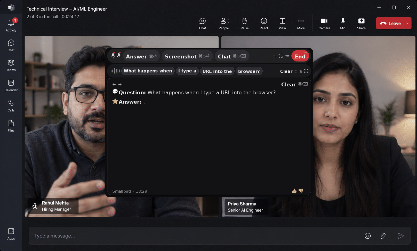 Smallbird assisting in real time during an interview