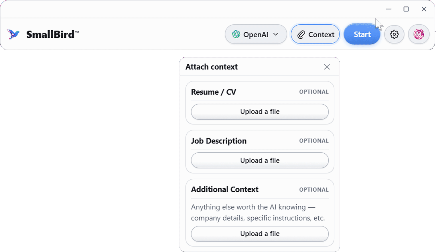 Uploading a CV and job description as context in Smallbird